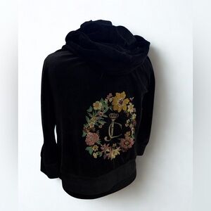 Juicy Couture Black Velour Hoodie with Embroidered Floral Wreath